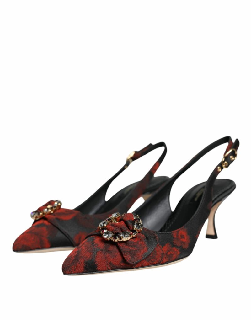 Dolce & Gabbana Black Red Floral Crystal Heel Slingback Shoes - Image 3
