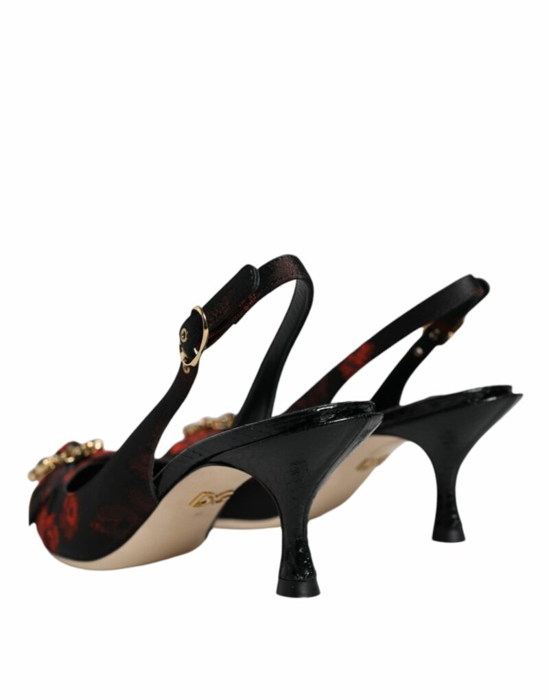 Dolce & Gabbana Black Red Floral Crystal Heel Slingback Shoes - Image 4