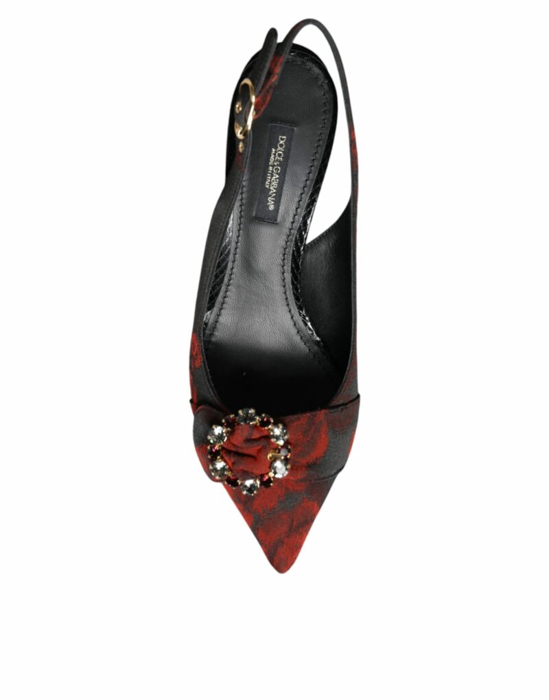 Dolce & Gabbana Black Red Floral Crystal Heel Slingback Shoes - Image 6