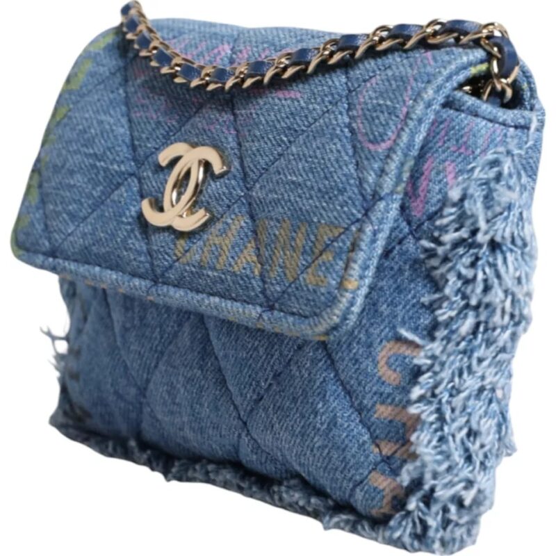 Chanel Denim Mood Flap Micro Logo Printed Fringed Shoulder Bag - Image 3