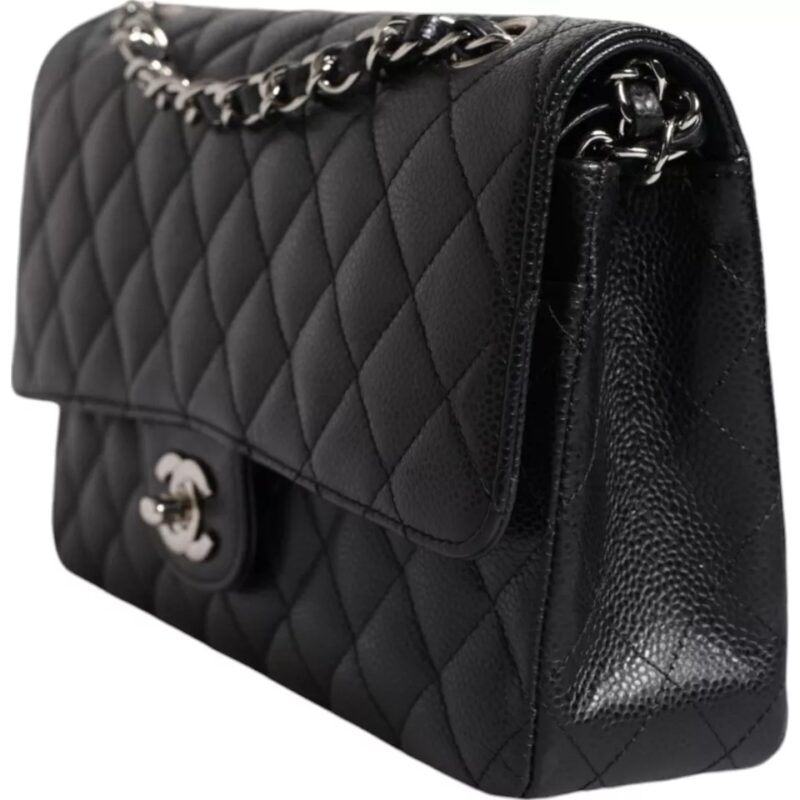 Chanel Black Caviar Medium Classic Double Flap Shoulder Quilted Silver Bag - Image 2