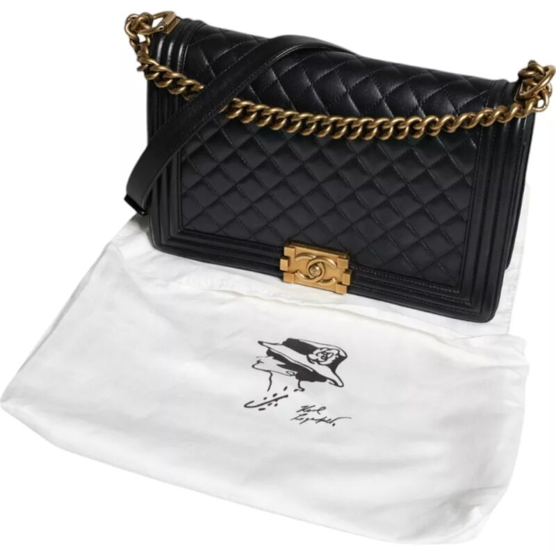 Chanel Black Large Lambskin Double Chain Gold Leather Shoulder Bag - Image 8