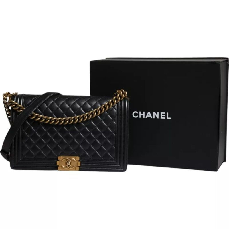Chanel Black Large Lambskin Double Chain Gold Leather Shoulder Bag - Image 6