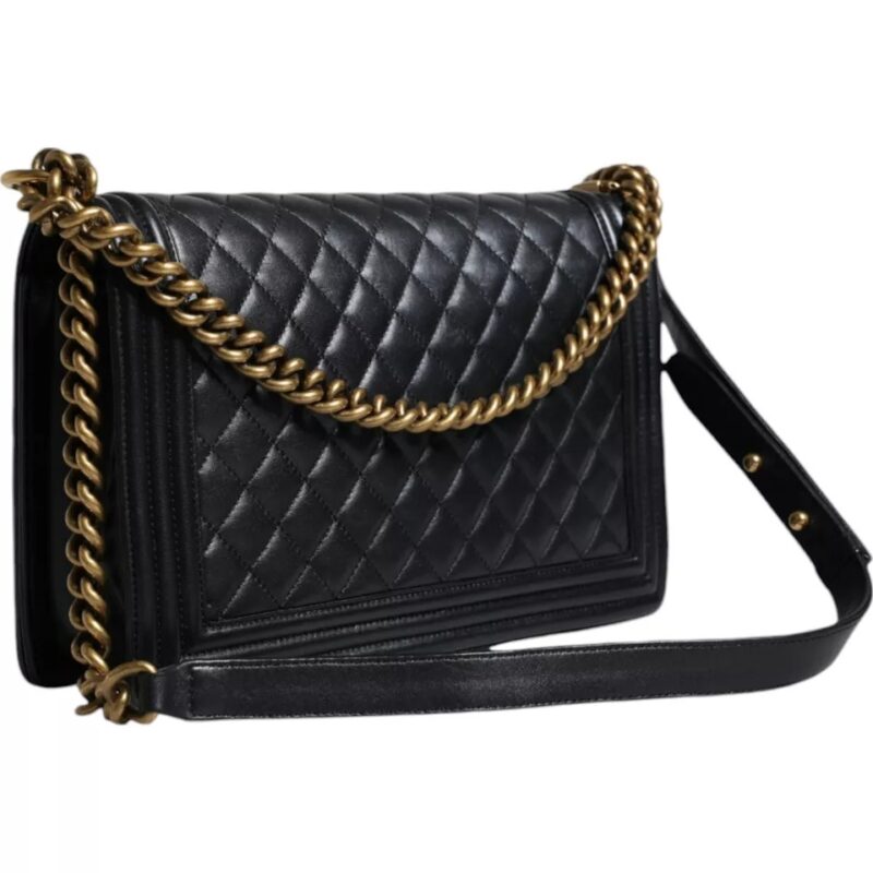 Chanel Black Large Lambskin Double Chain Gold Leather Shoulder Bag - Image 3