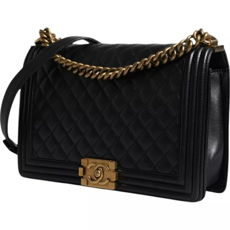 Chanel Black Large Lambskin Double Chain Gold Leather Shoulder Bag - Image 2