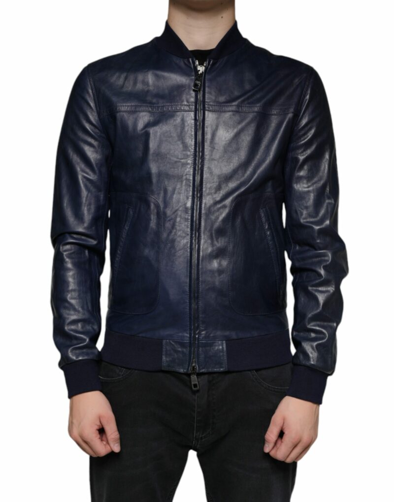 Dolce & Gabbana Blue Lambskin Leather Full Zip Biker Jacket - Image 2