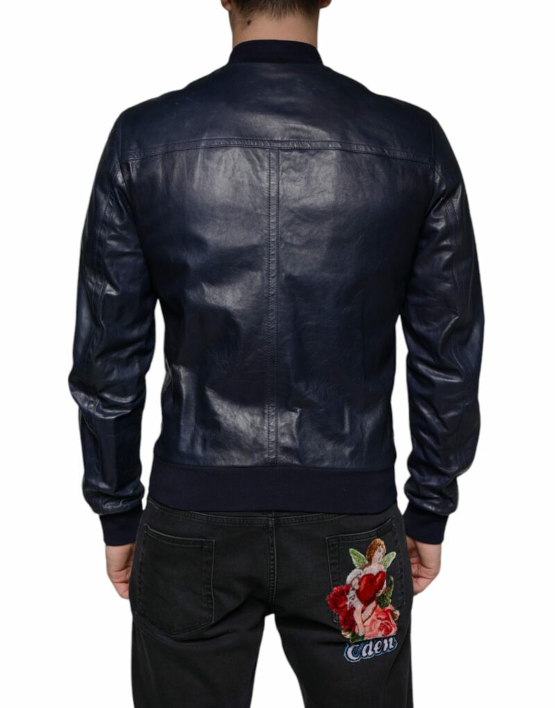 Dolce & Gabbana Blue Lambskin Leather Full Zip Biker Jacket - Image 4