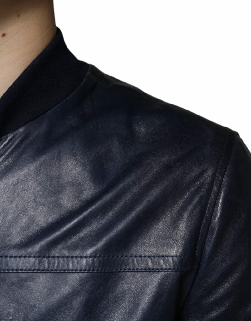 Dolce & Gabbana Blue Lambskin Leather Full Zip Biker Jacket - Image 6