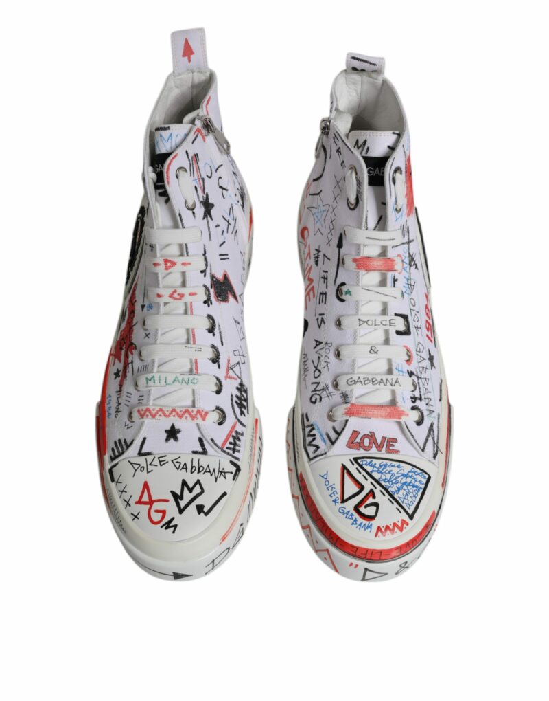 Dolce & Gabbana White Cotton Graffiti High Top Sneaker Shoes - Image 3