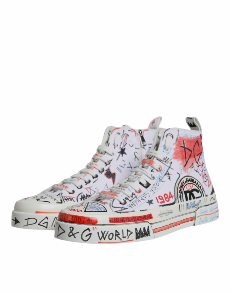 Dolce & Gabbana White Cotton Graffiti High Top Sneaker Shoes - Image 4