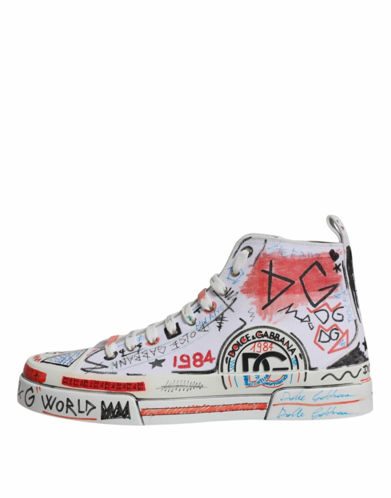 Dolce & Gabbana White Cotton Graffiti High Top Sneaker Shoes - Image 6
