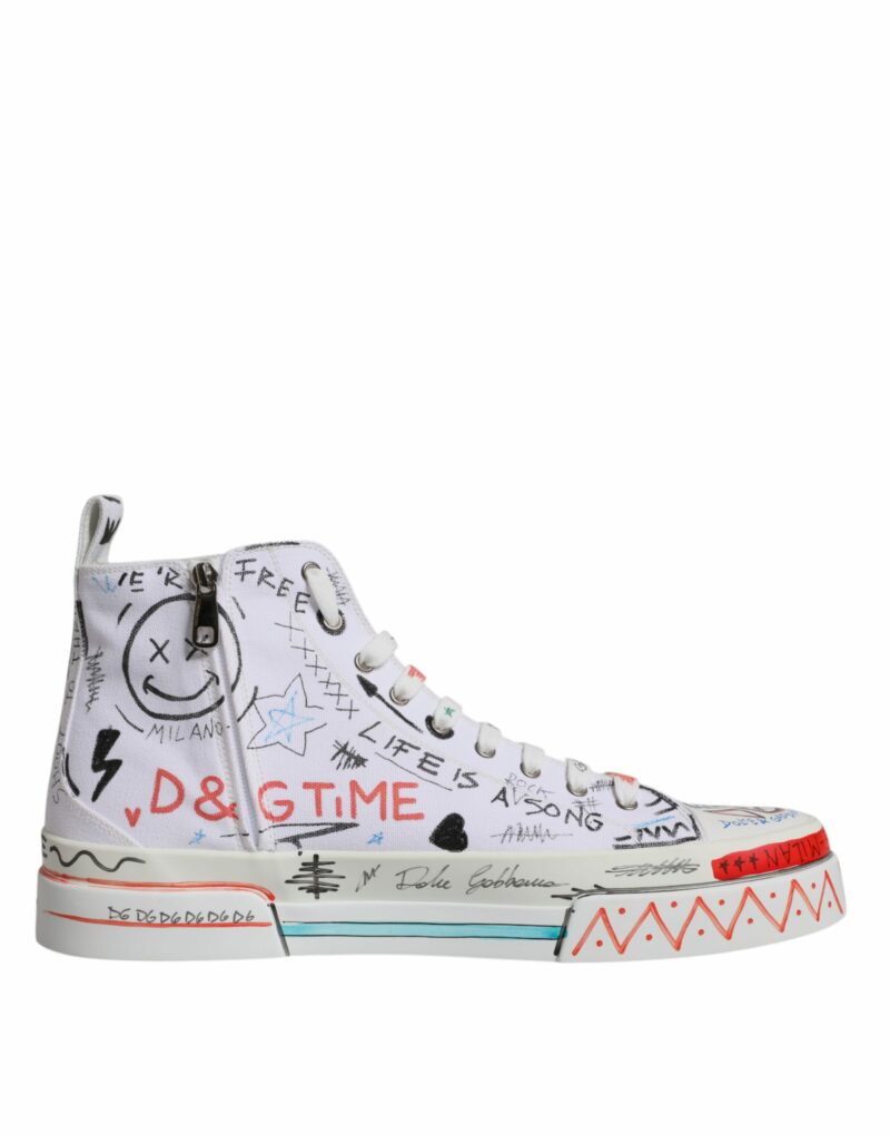 Dolce & Gabbana White Cotton Graffiti High Top Sneaker Shoes - Image 7