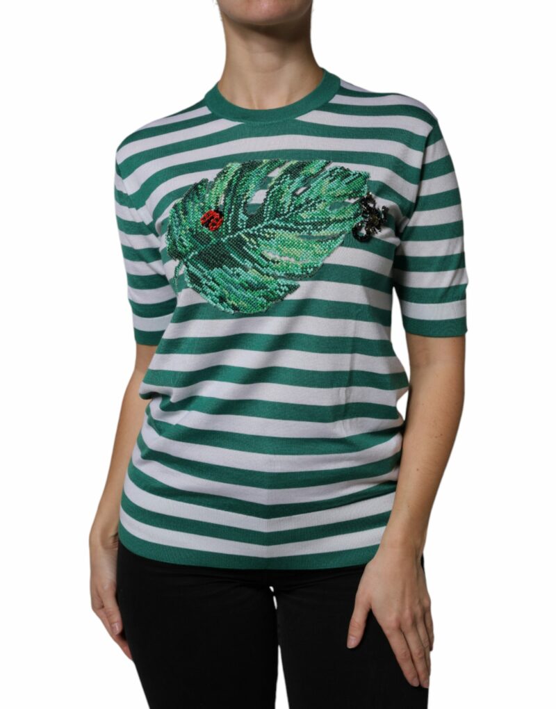 Dolce & Gabbana White Green Stripe Leaf Crew Neck T-shirt - Image 2
