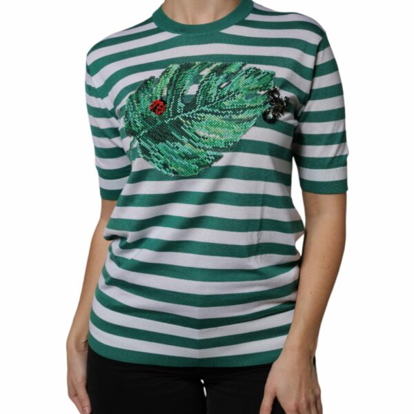 Dolce & Gabbana White Green Stripe Leaf Crew Neck T-shirt
