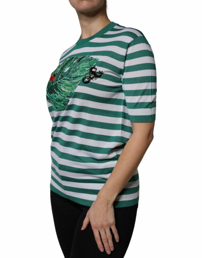 Dolce & Gabbana White Green Stripe Leaf Crew Neck T-shirt - Image 3