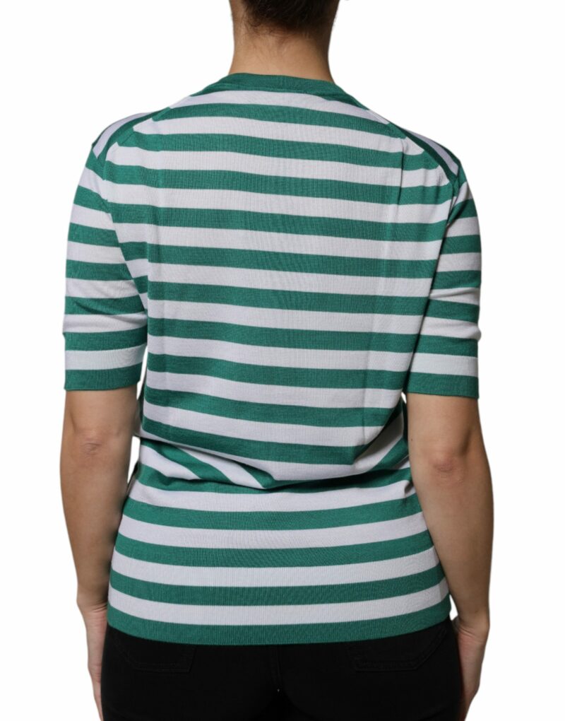 Dolce & Gabbana White Green Stripe Leaf Crew Neck T-shirt - Image 4