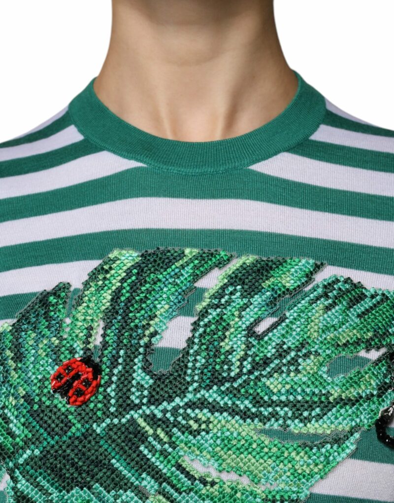 Dolce & Gabbana White Green Stripe Leaf Crew Neck T-shirt - Image 5