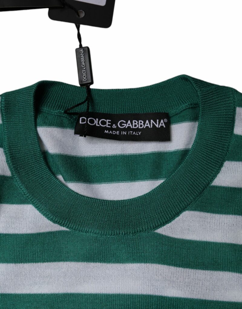 Dolce & Gabbana White Green Stripe Leaf Crew Neck T-shirt - Image 6