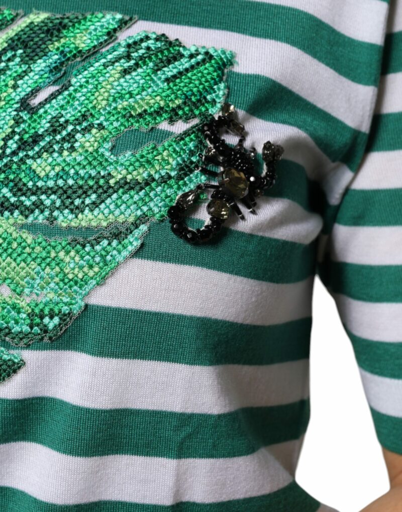 Dolce & Gabbana White Green Stripe Leaf Crew Neck T-shirt - Image 8