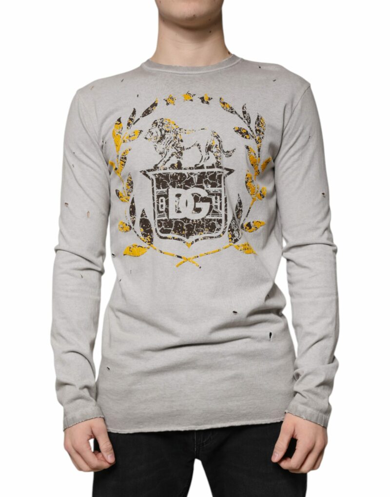 Dolce & Gabbana Gray Printed Cotton Crewneck Pullover Sweater - Image 2