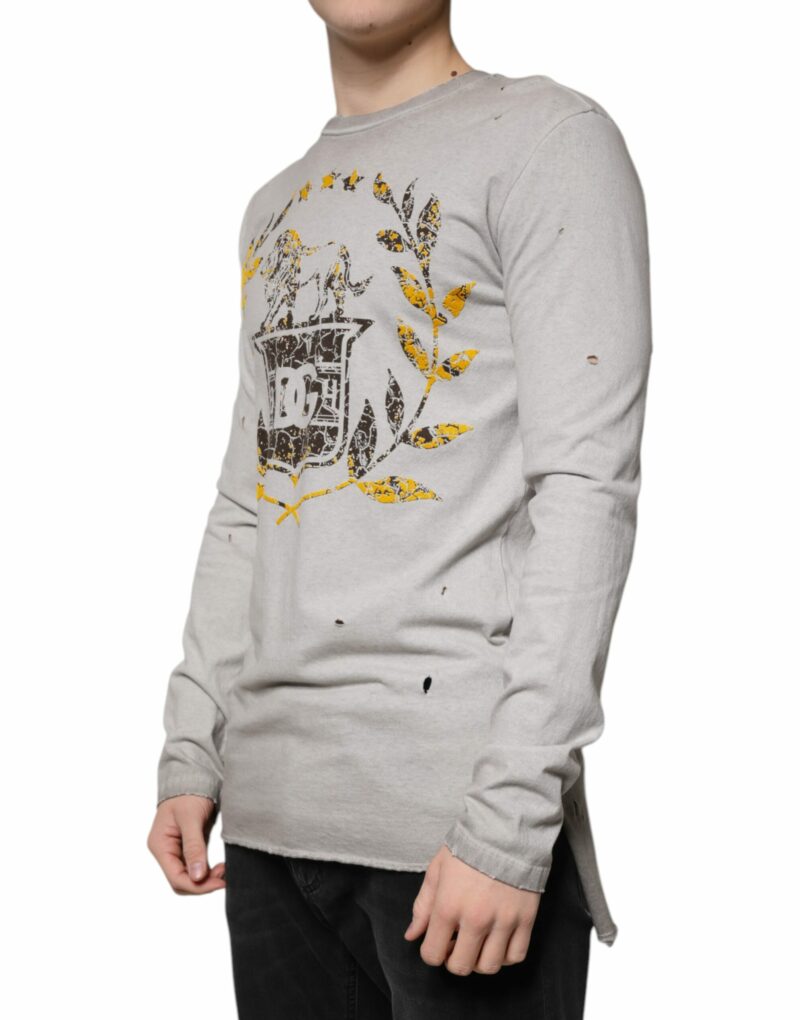 Dolce & Gabbana Gray Printed Cotton Crewneck Pullover Sweater - Image 3