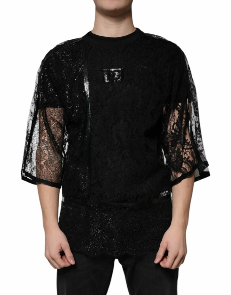Dolce & Gabbana Black Nylon Floral Lace Crew Neck T-shirt - Image 2