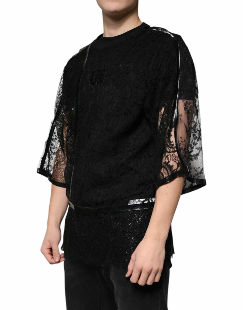 Dolce & Gabbana Black Nylon Floral Lace Crew Neck T-shirt - Image 3