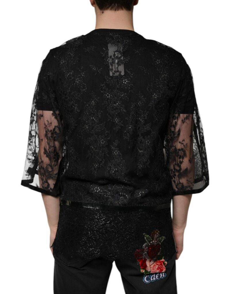 Dolce & Gabbana Black Nylon Floral Lace Crew Neck T-shirt - Image 4