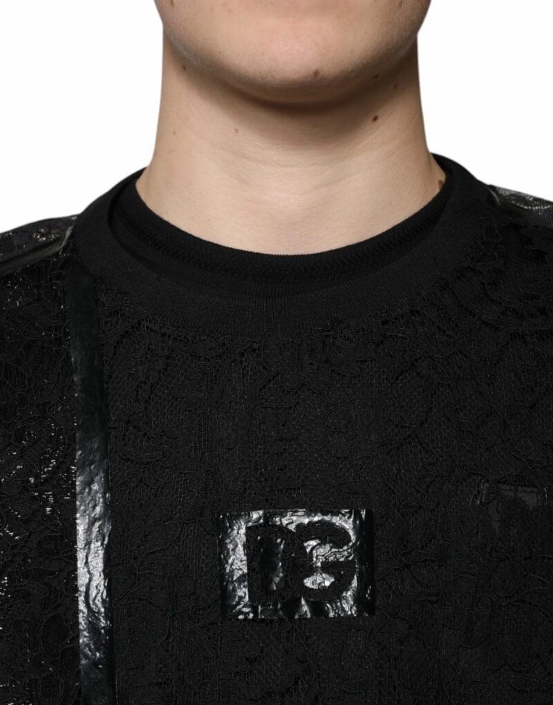 Dolce & Gabbana Black Nylon Floral Lace Crew Neck T-shirt - Image 5