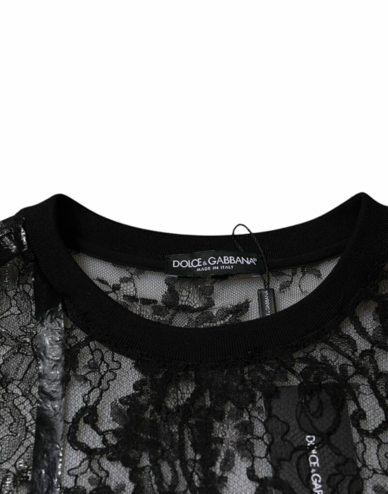 Dolce & Gabbana Black Nylon Floral Lace Crew Neck T-shirt - Image 7