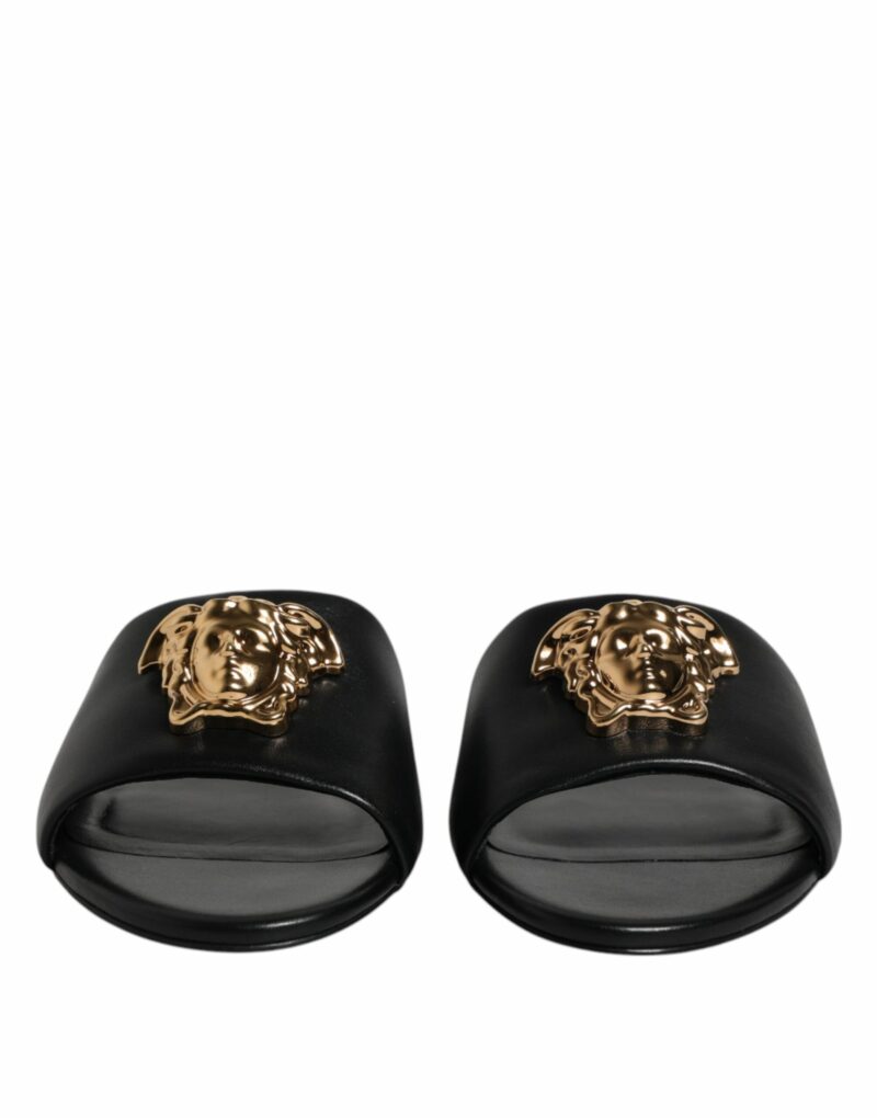 Versace Black Leather Logo Plaque Slip On Slides Flats Shoes - Image 2