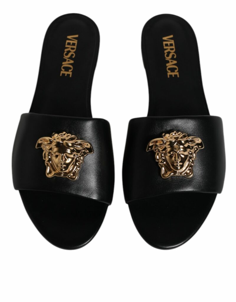 Versace Black Leather Logo Plaque Slip On Slides Flats Shoes - Image 3