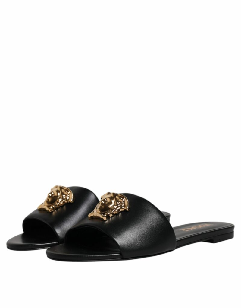 Versace Black Leather Logo Plaque Slip On Slides Flats Shoes - Image 4