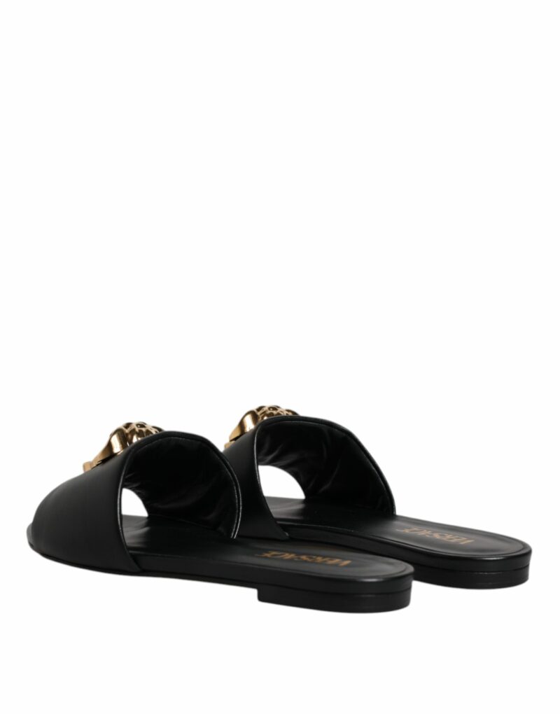 Versace Black Leather Logo Plaque Slip On Slides Flats Shoes - Image 5