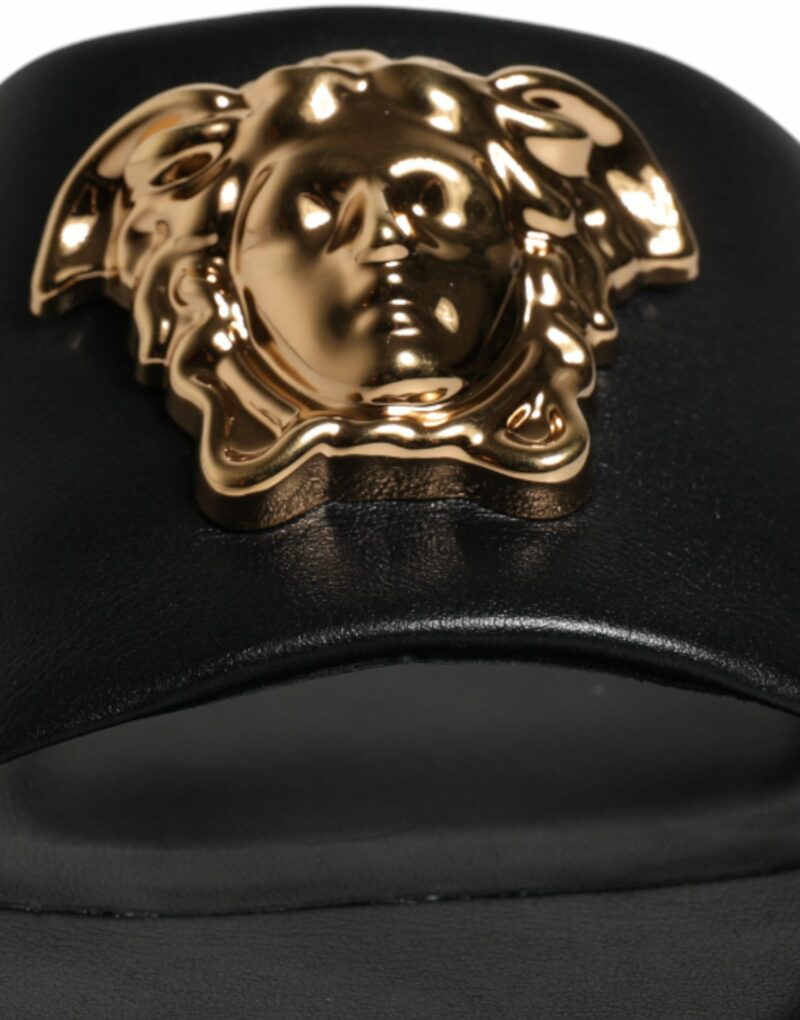 Versace Black Leather Logo Plaque Slip On Slides Flats Shoes - Image 6