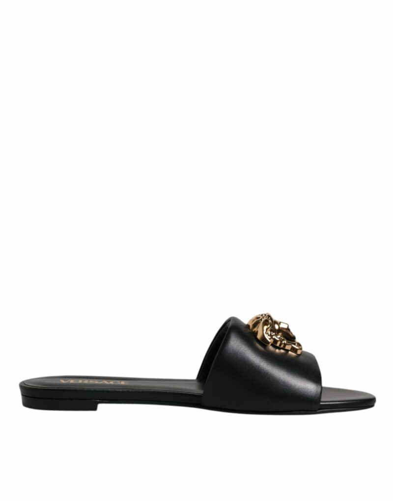 Versace Black Leather Logo Plaque Slip On Slides Flats Shoes - Image 8