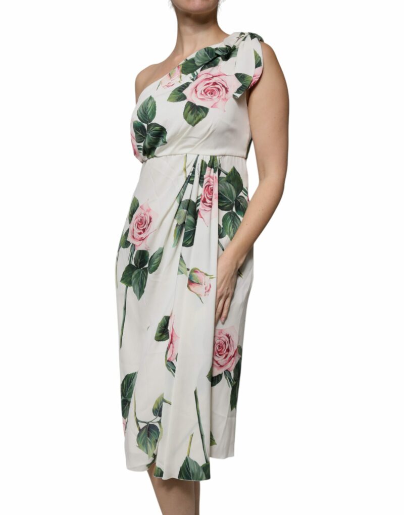 Dolce & Gabbana White Floral Silk One Shoulder Midi Dress - Image 3