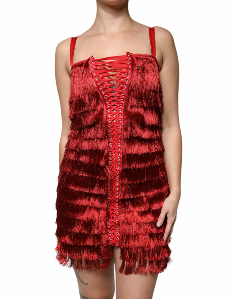 Dolce & Gabbana Red Lace Tassel Sleeveless Sheath Mini Dress - Image 2