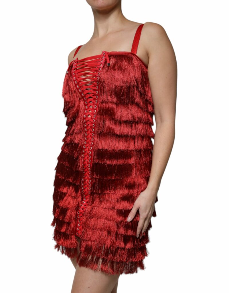 Dolce & Gabbana Red Lace Tassel Sleeveless Sheath Mini Dress - Image 3