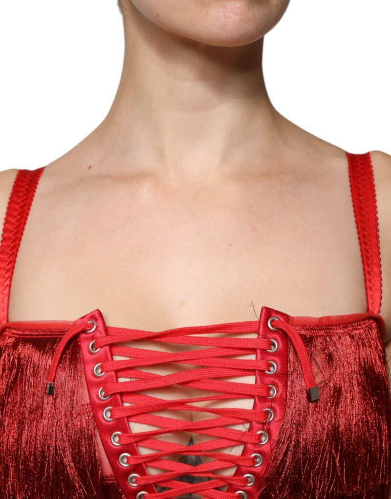 Dolce & Gabbana Red Lace Tassel Sleeveless Sheath Mini Dress - Image 5
