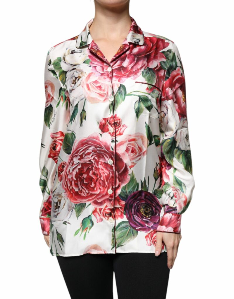 Dolce & Gabbana White Peony Silk Long Sleeves Collared Blouse Top - Image 2