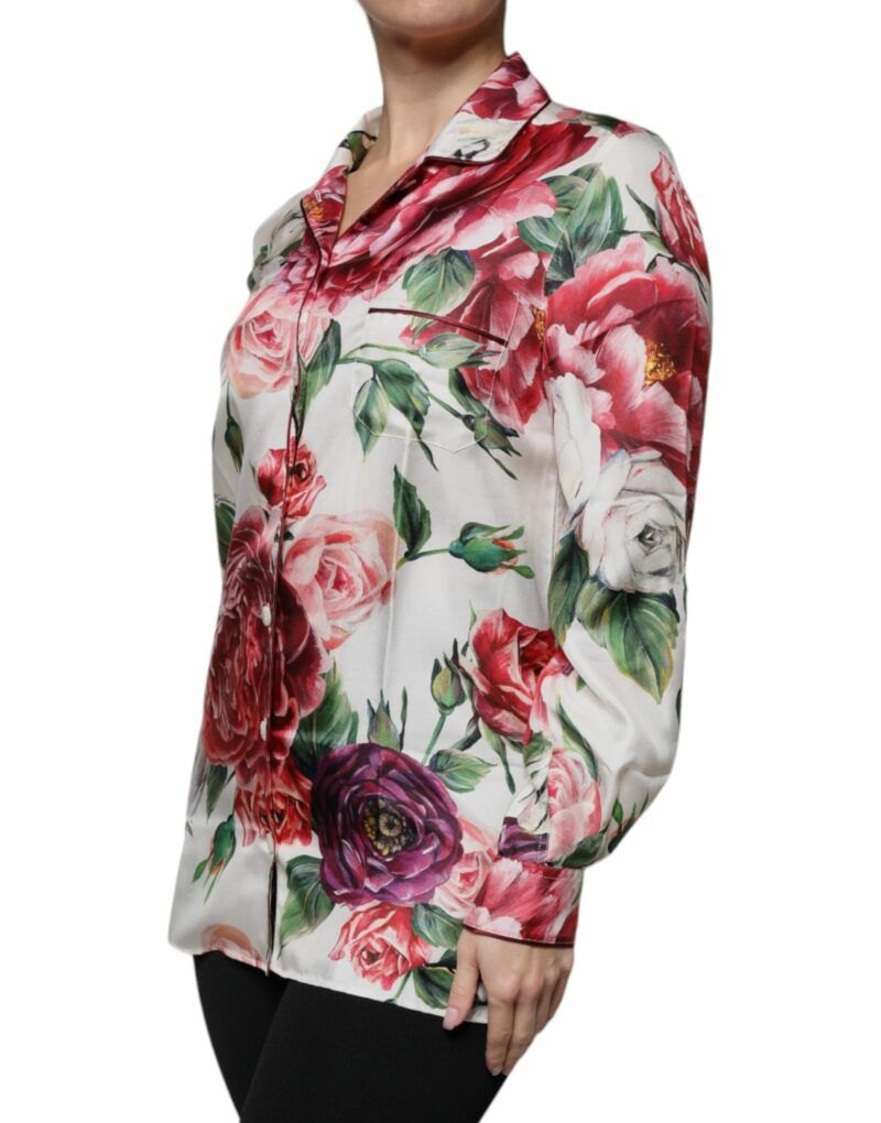 Dolce & Gabbana White Peony Silk Long Sleeves Collared Blouse Top - Image 3