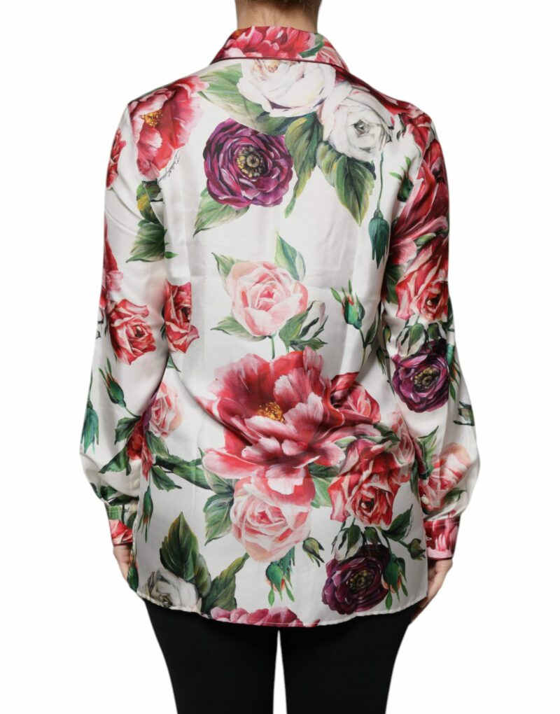 Dolce & Gabbana White Peony Silk Long Sleeves Collared Blouse Top - Image 4