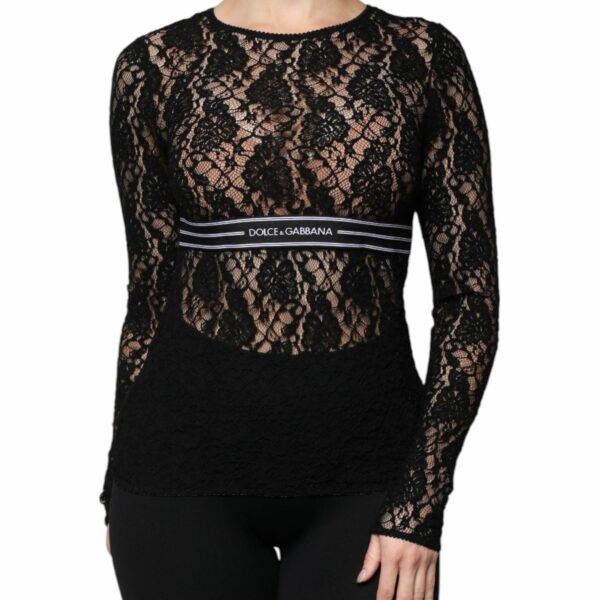 Dolce & Gabbana Black Logo Stripe Lace Long Sleeves Top