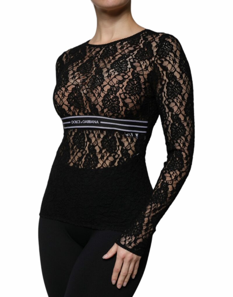 Dolce & Gabbana Black Logo Stripe Lace Long Sleeves Top - Image 3