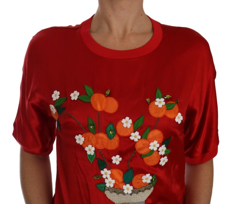 Dolce & Gabbana Red Silk Floral Embroidered Elegance Top - Image 4