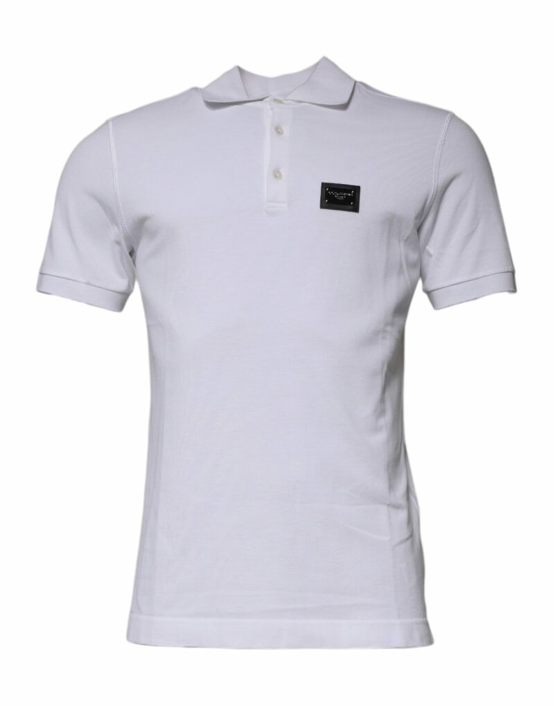 Dolce & Gabbana White Cotton Logo Plaque Collared Polo T-shirt - Image 2