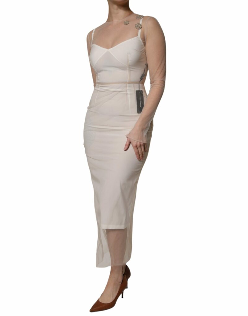 Dolce & Gabbana White Sheer Tulle Bustier Bodycon Midi Dress - Image 3