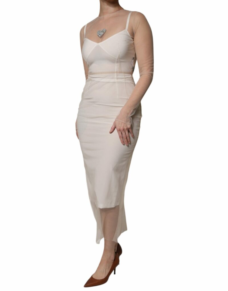 Dolce & Gabbana White Sheer Tulle Bustier Bodycon Midi Dress - Image 3