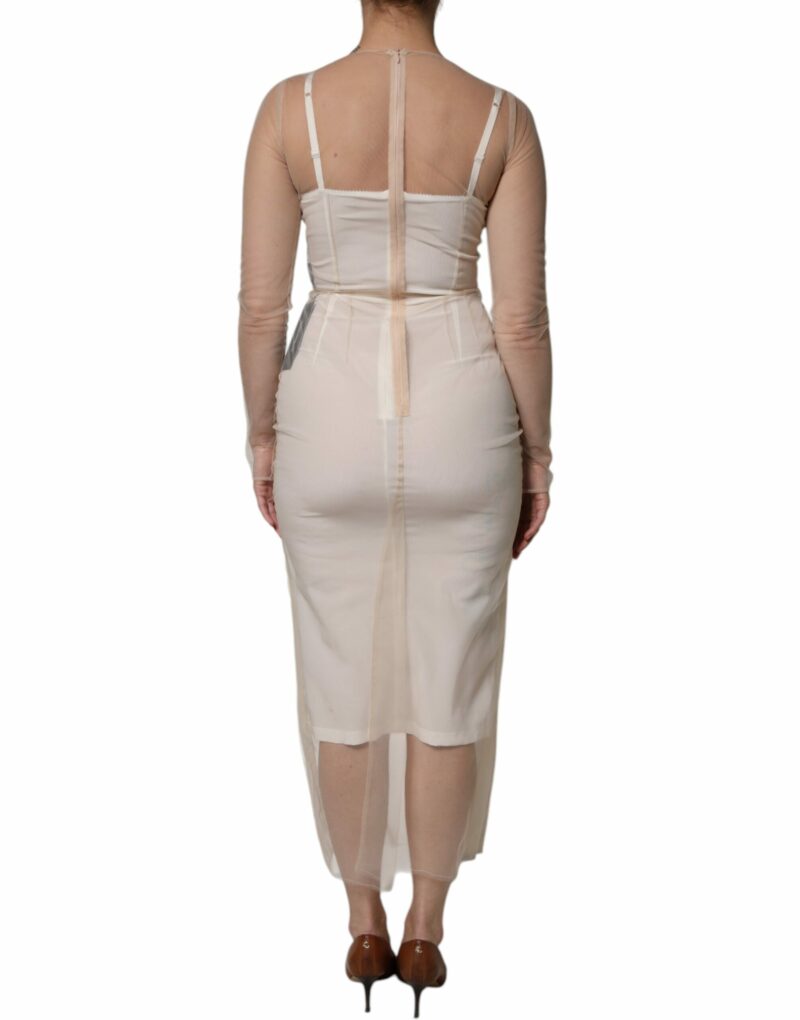 Dolce & Gabbana White Sheer Tulle Bustier Bodycon Midi Dress - Image 4